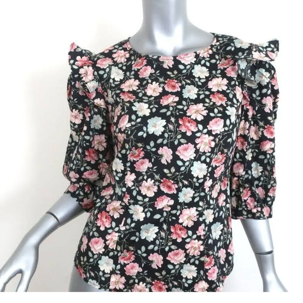 La Vie Rebecca Taylor Top Ariane Black Rose Print Stretch Cotton Size M